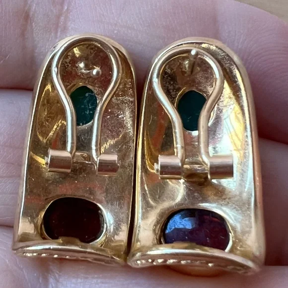 VINTAGE 14K GOLD CABOCHON GARNET GREEN CHRYSOPRASE EARRINGS STATEMENT CUSTOM - Picture 10 of 16